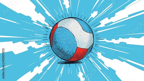 Floating central sphere drifting in abstract digital art background, with red white blue panels