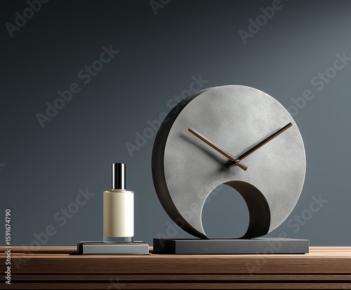 A clock with a ring hanging from the bottom of it, made of concrete and steel. The design is minimalistic yet striking, featuring clean lines and an industrial aesthetic. It has a sleek gray color 