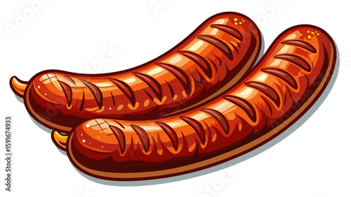 Grilled sausage links with a slight char line and juicy casing placed diagonally on white background. The reddish-brown glow adds flavor-rich realism to a traditional meat-themed vector piece.