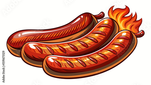 Grilled sausage links with a slight char line and juicy casing placed diagonally on white background. The reddish-brown glow adds flavor-rich realism to a traditional meat-themed vector piece.