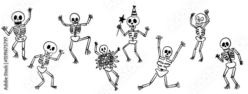Cute funny skeletons in different poses, illustration for Halloween, Party bash dancing skeletons