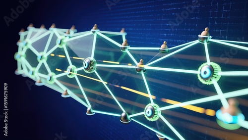 Futuristic digital network concept with glowing nodes and connections in a dark background