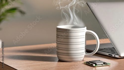 Cozy Coffee Cup with Steam on a Sleek Wooden Desk Next to a Laptop and Circuit Board