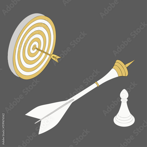 A perfectly aimed dart hitting the red center of a dartboard symbolizes business success and goal achievement