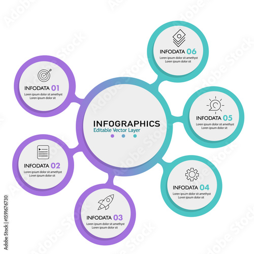 Modern infographic vector with a central hub and six interconnected data points, perfect for presentations, business concepts, and educational materials.