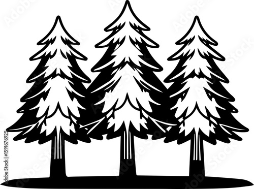 
Wooden forest glyph design, SVG with clean lines.Black and White Artistic Illustration of Three Pine Trees