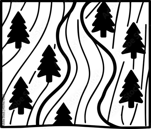 
Wooden forest glyph design, SVG with clean lines.Abstract Black and White Forest Landscape with Curved Lines