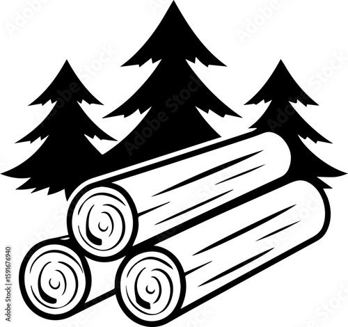 
Wooden forest glyph design, SVG with clean lines.Black and White Illustration of Logs and Pine Trees