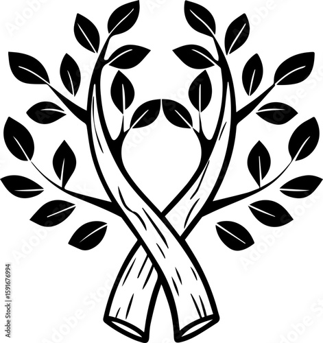 
Wooden forest glyph design, SVG with clean lines.Elegant Tree Design with Twisted Branches and Leaves