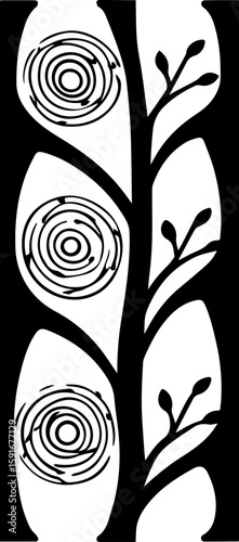 
Wooden forest glyph design, SVG with clean lines.Abstract Tree Design with Circular Patterns and Budding Branches