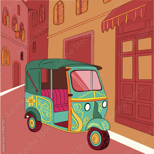 Vintage red London double-decker bus and retro cars on the street, classic old vehicles in urban travel illustration