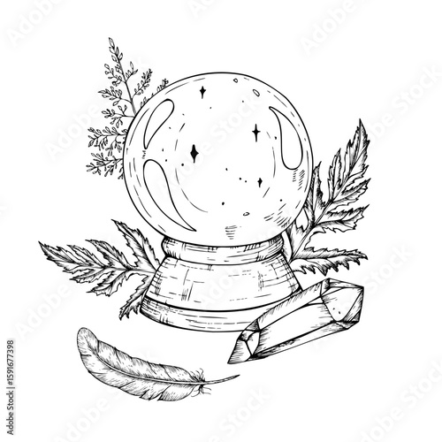 Vector crystal ball to predict the fate, leaves, feather, amethyst crystal. Hand painted linear illustration of Guessing for the future. Graphic monochrome halloween sketch isolated on background. For