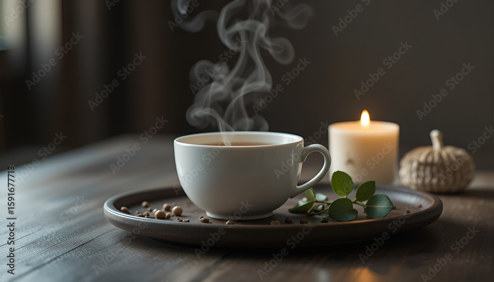 cup of coffee and candle on wooden table cup of coffee and candle on wooden table