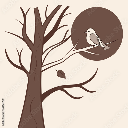 A whimsical vector illustration features a loving stork delivering a baby, with a charming cartoon bird perched on a leafy tree branch