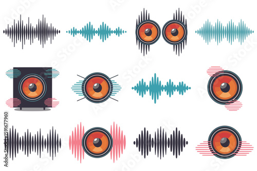 Abstract music background with vector illustrations of musical symbols, target sound icons, and disco party decorations in a black grunge pattern
