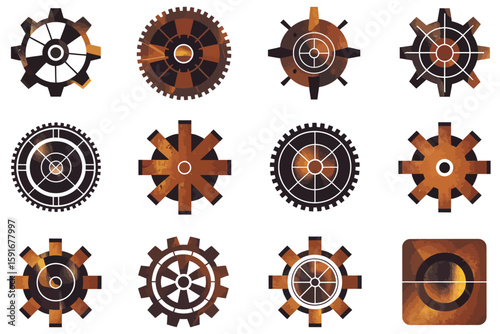 A vintage set of wooden signs, buttons, and rusty metal parts with gear and cogwheel elements forms a machinery design pattern