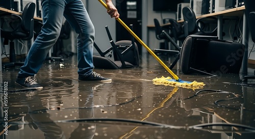 Cleaning Water Damage with Mop in Office