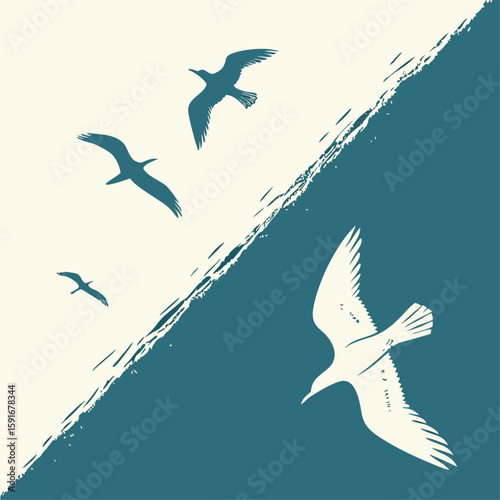 A vector silhouette illustration of a wild flying seagull in the sky with wings spread, depicting freedom and nature