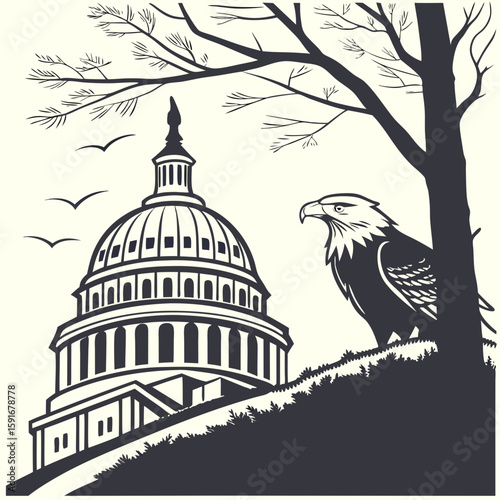 An eagle perches near the capitol building under a tree