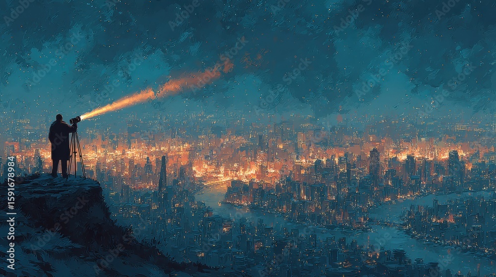 Obraz premium Man with Telescope Overlooking Cityscape at Night, Artistic Impressionism Style, Urban Exploration, Future Vision, Technology and Discovery