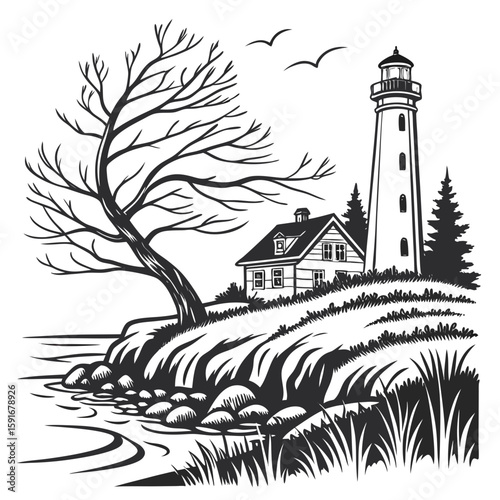 Lighthouse and house on a rocky shore with a tree