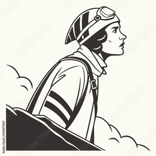 Vintage pilot in helmet and goggles looks to the sky