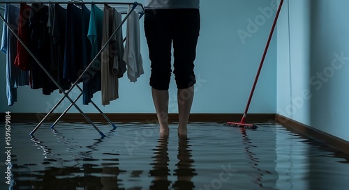 Flooded Room with Person and Clothes Rack