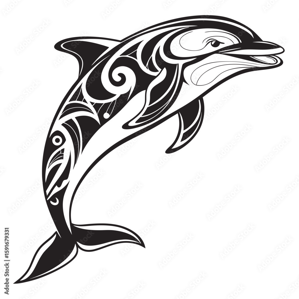 Fototapeta premium Tribal dolphin jumping with ornate patterns