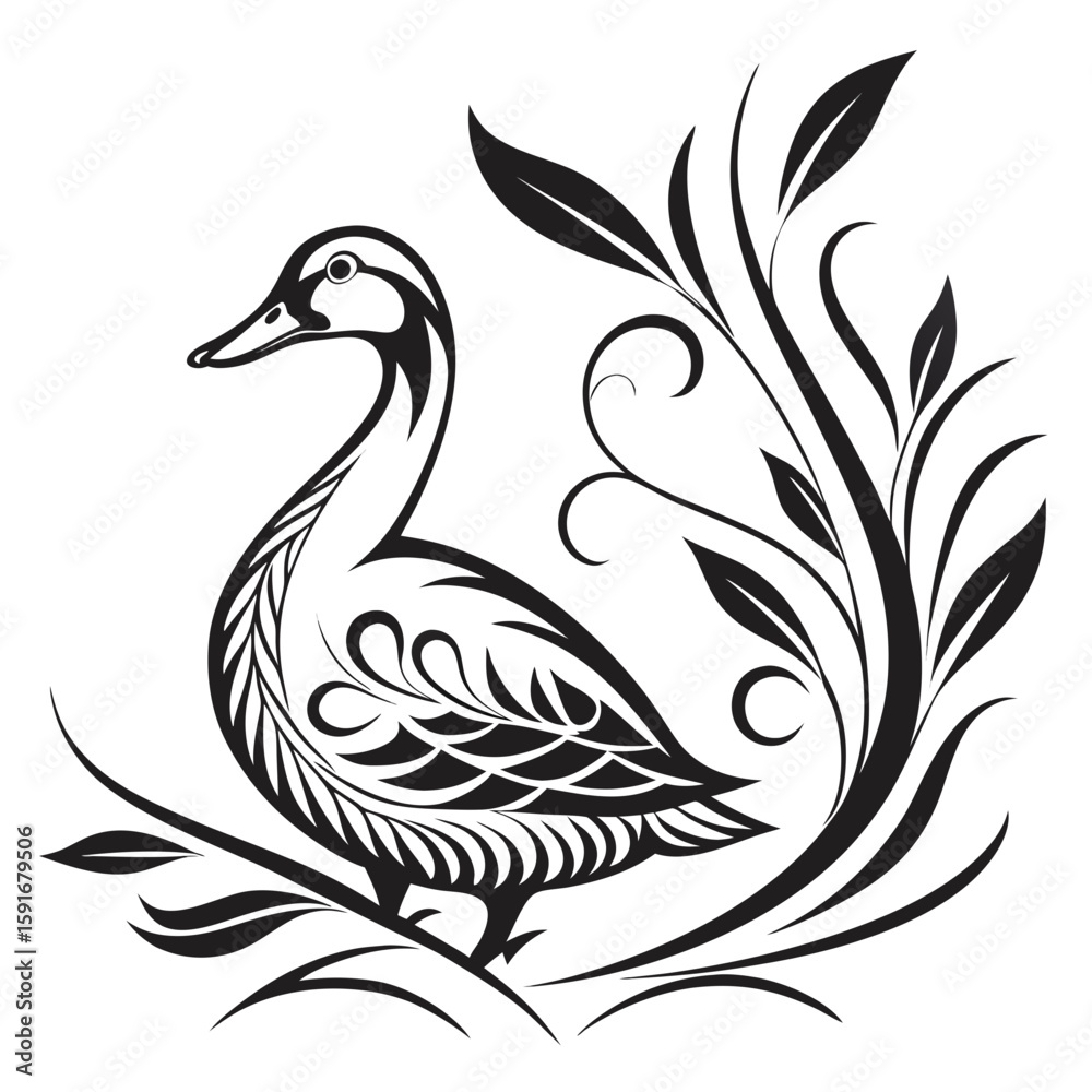 Fototapeta premium A duck with decorative floral elements in a black and white illustration