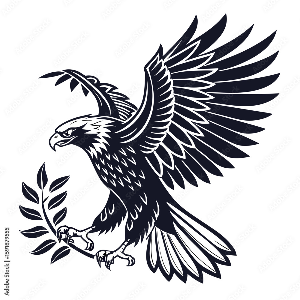 Fototapeta premium Eagle holding an olive branch, isolated on white background