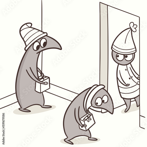 Four abstract strange creatures or people or persons with long arms and small heads. Cute disproportionate isolated characters inscribed in cramped room. Hand drawn Vector illustration
