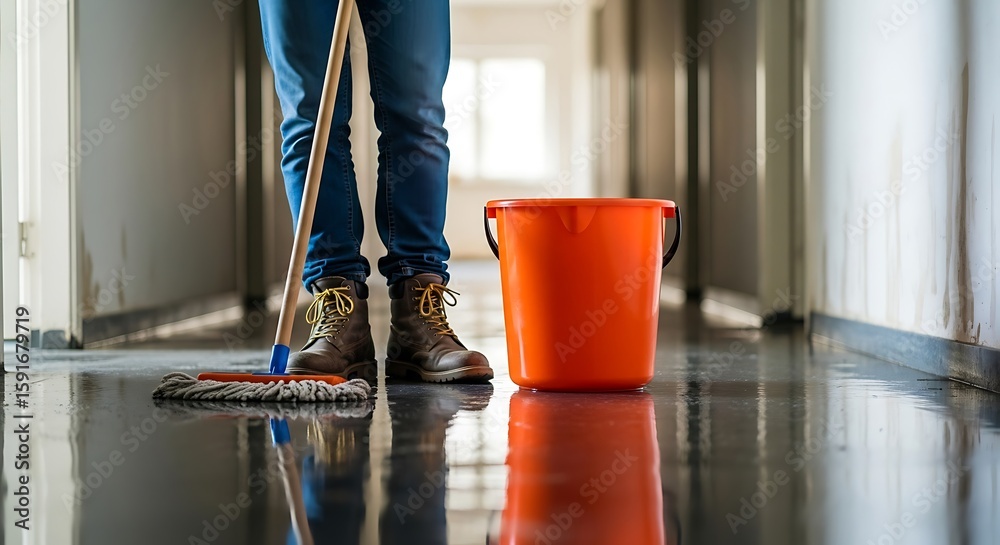 Fototapeta premium Floor Cleaning with Mop and Bucket in Hallway