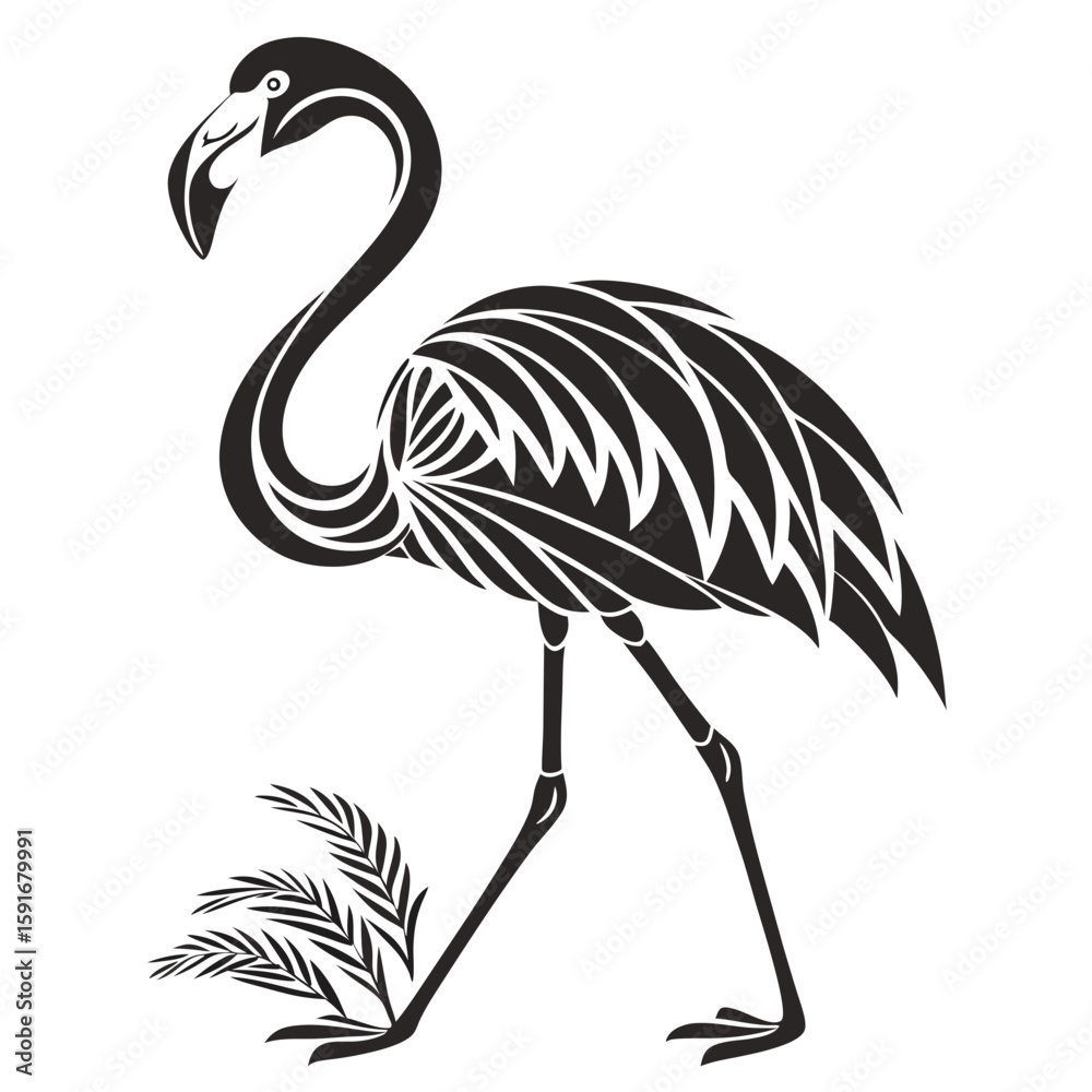 Fototapeta premium Ornate flamingo with tropical leaves illustration
