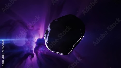 Rotating dark asteroid with shifting purple nebula
