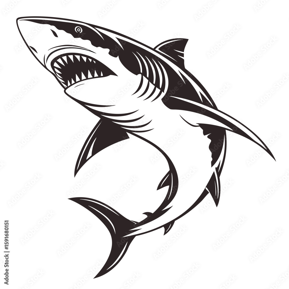 Fototapeta premium A black and white illustration of a shark isolated on white background