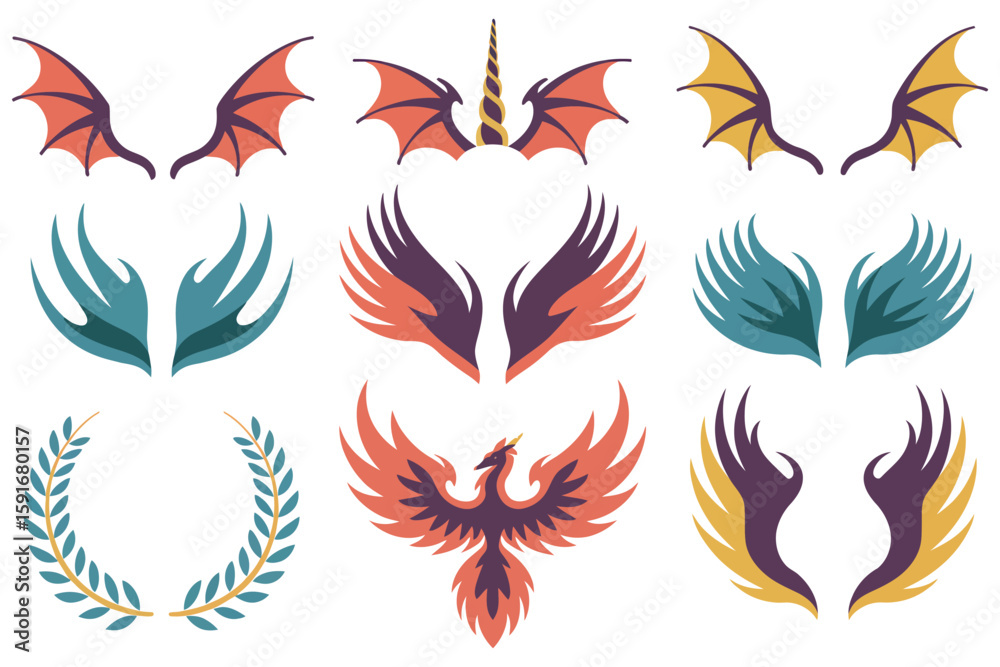 Fototapeta premium A vector set of artistic floral wings, fire, and butterfly elements perfect for logos, tattoos, and decoration