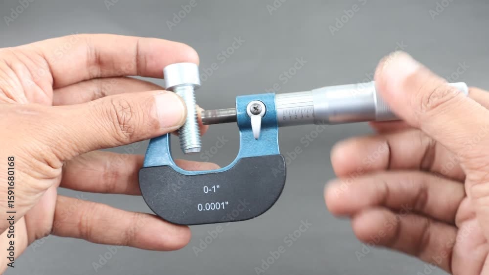 Hand measure diameter hex bolt using screw micrometer on black ...