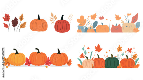 Autumn Banner with Pumpkins and Colorful Fall Leaves – Vector Illustration