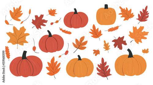 Autumn Banner with Pumpkins and Colorful Fall Leaves – Vector Illustration