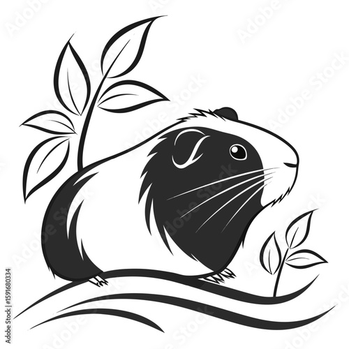 A cute guinea pig illustration with leaves and wavy lines