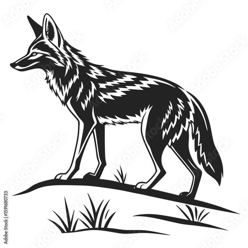 A stylized wolf stands alert on a grassy hill in this black and white art