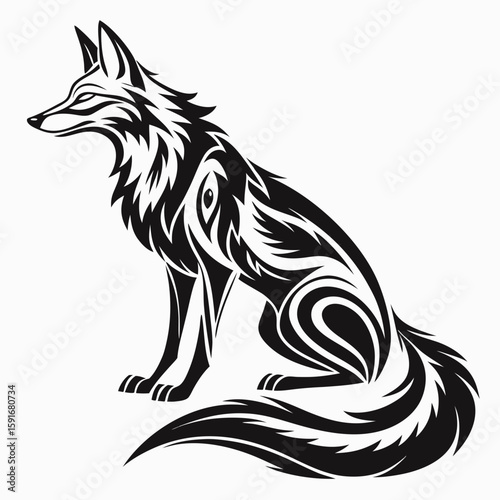 A stylized wolf sits calmly with a bushy tail in this black and white art