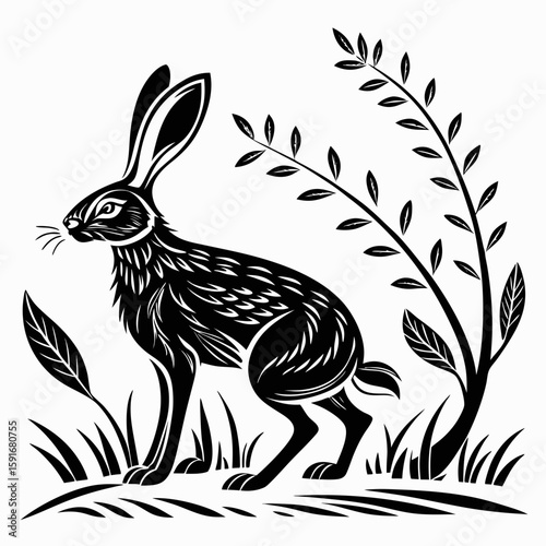 A stylized hare sits in the grass with plants