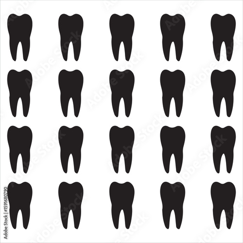 Seamless pattern of black tooth silhouettes on a white background