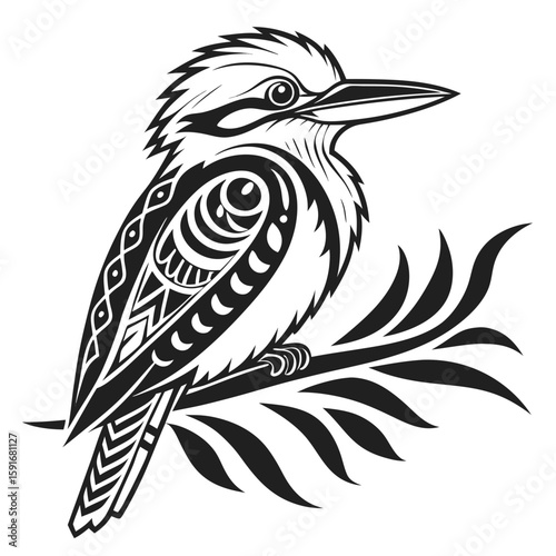 Artistic kookaburra bird resting on a simple branch