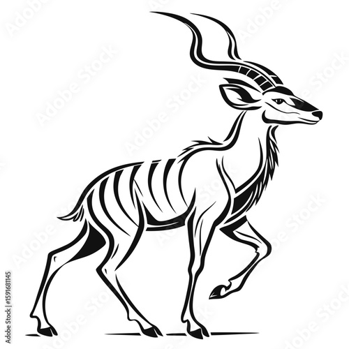 Stylized kudu antelope with long spiraling horns