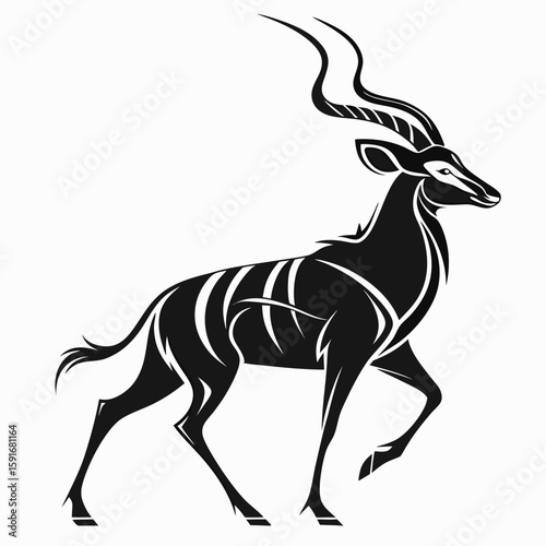 A stylized black and white illustration of a kudu antelope