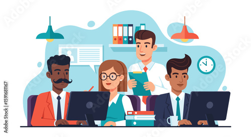 Diverse team of professionals collaborating in a modern office setting, ideal for business websites and presentations.