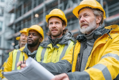 Diverse Team of Engineers in High Visibility Vests Collaborating on Project Plans Outdoors