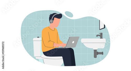 Man working on laptop in bathroom, illustration for blog post about remote work or work-life balance.